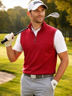 DOCKERS Golf Maroon Quarter Zip Sleeveless Vest Jacket, XL